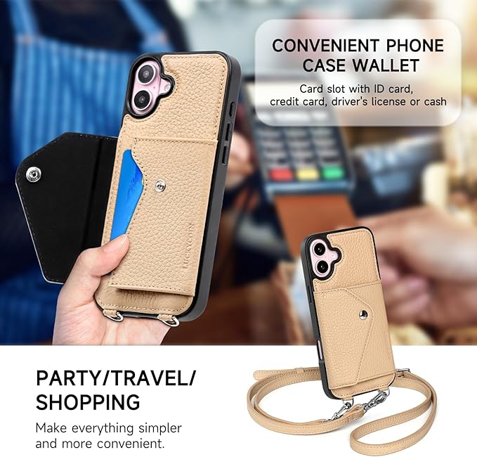 LUCKYCOIN Crossbody Wallet Phone Case for iPhone 16 Plus,100% Genuine Leather Wallet Phone Case with Expandable Flip Card Holder,Phone Purse for Women with Adjustable Removable Strap - Pebble Beige