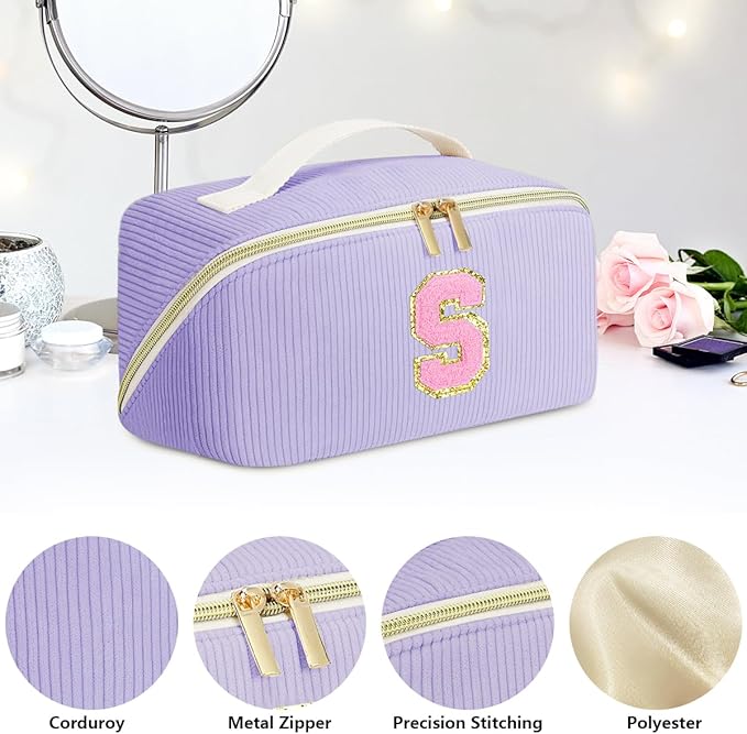 Personalized Initial Makeup Bag,Christmas Gifts for Girl,Preppy Bag Cosmetic Travel Bag Women,Travel Toiletry Organizer,Large Capacity Corduroy Stuff Bag,Cute Cosmetic Pouch Skincare Bag-U