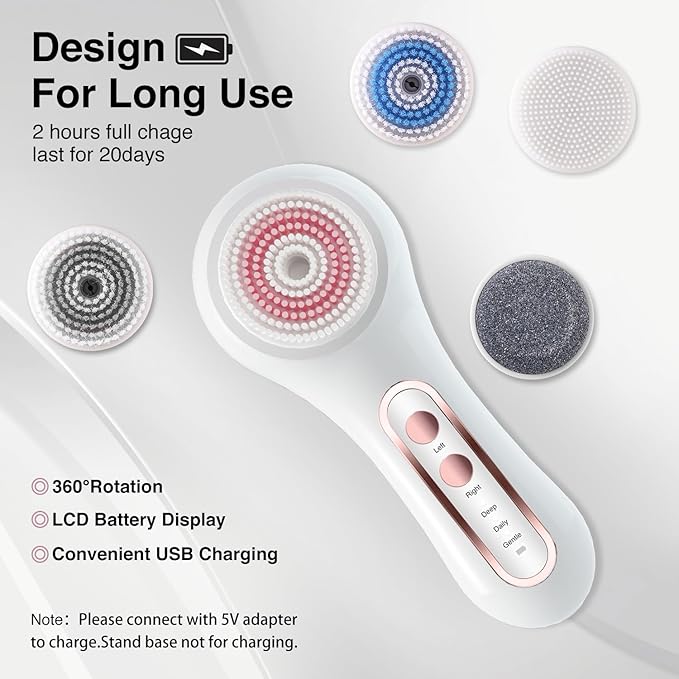 Face Scrubber Exfoliator, Rechargeable Facial Cleansing Brush with 2-Way Rotation & 3 Modes, 30-Day Runtime, 5 Brush Heads for SPA-Level Care, IPX7 Waterproof, Deep Cleaning for All Skin Types