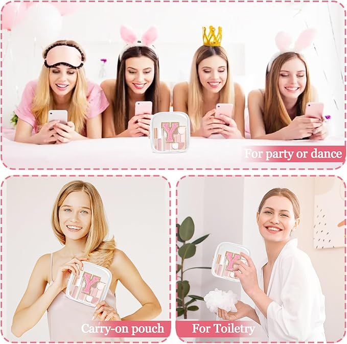 Mini Clear Personalized Initial Makeup Bag, Small Preppy A-Z Chenille Letter Patch Cosmetic Pouch, Transparent PVC & Nylon Waterproof Zip Beach Toiletry Bag,Gift for Women Girls(White-Pink Y)