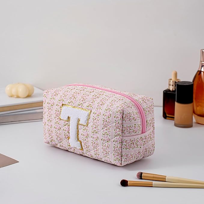 JOVAKIT Alphabet Makeup Bag Cosmetic Bag for Women, Christmas Gifts for Girls Age 6-18, Floral Flowers Coquette Travel Toiletry Zipper Make Up Pouch Organizer Trendy Stuff (Pink Floral T)