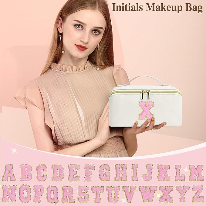 for Christmas Day Gifts, Makeup Bag for Women, PU Leather Travel Toiletry Bags, Initial Make Up Cosmetic Pouch for Teen Girls, Wide Open Portable Skincare Bag, Personalized Birthday Gifts, White I