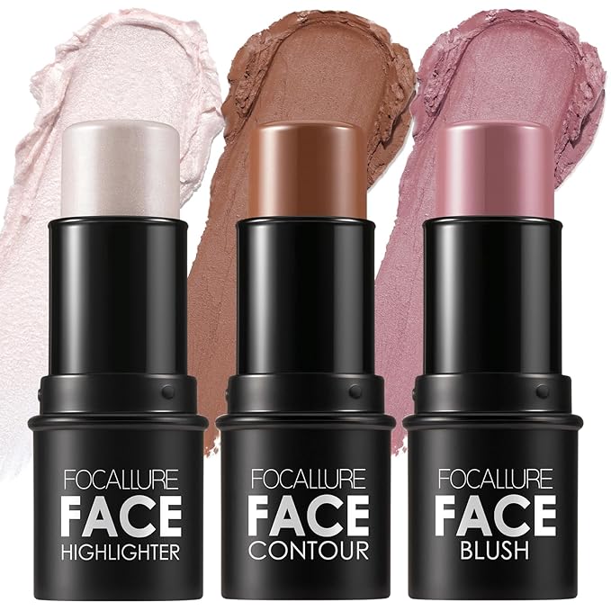 FOCALLURE 3PCS Cream Contour Stick - Highlighter Bronzer Blush Set for Face Sculpting, Non-Greasy Longwear Makeup, Easy to Blend with Natural Matte Finish,SET 7