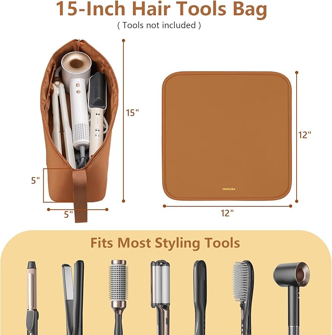 MOKURA Hot Hair Tools Travel Bag with Heat Resistant Mat Removable, Hair Accessories Organizer Case, Women Travel Essentials, Storage Pouch for Curling Iron Straightener Flat Iron Hair Dryer, Brown