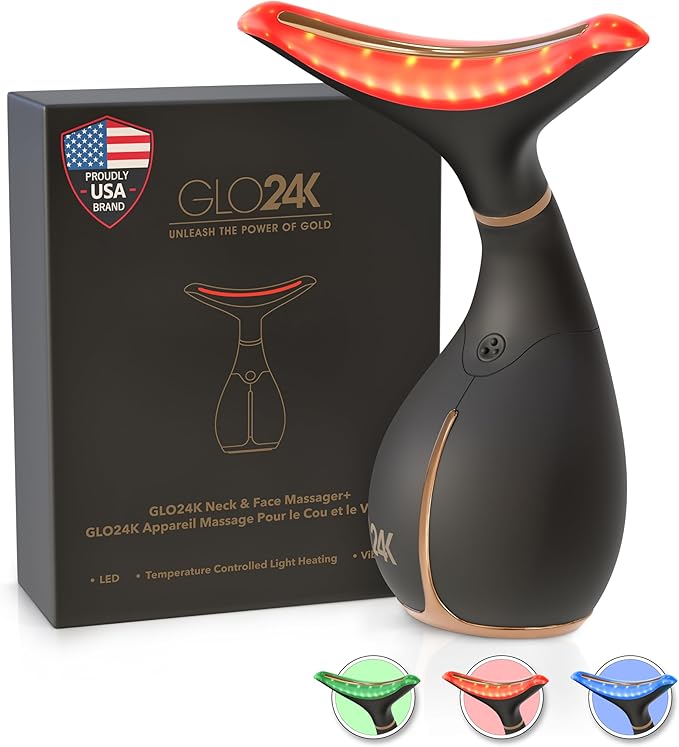 GLO24K Red Light Face & Neck Beauty Device – 3-in-1 Facial Massager Tool with LED & Vibration for Skin Revitalization and Neck Firming