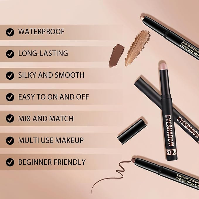 Matte Cream Eyeshadow Stick, Waterproof Eye Shadow Stick, Long-Lasting and Blendable High Pigmented Single Eyeliner Makeup for Women, 12 Warm Brown