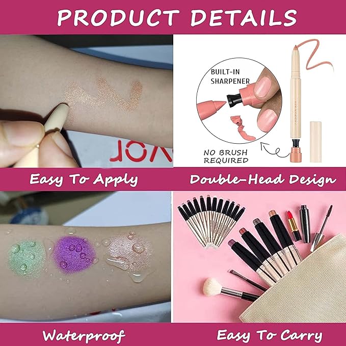 Eyeshadow Pencil Makeup, Waterproof Hypoallergenic Long Lasting Crayon, Highlighter Matte Cream Eye Shadow Stick, Glitter Primer Palette Shimmer Eyeliner Pen, Peach Pink