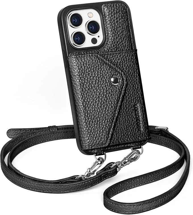 LUCKYCOIN Crossbody Wallet Phone Case for iPhone 14 Pro,100% Genuine Leather Wallet Phone Case with Expandable Flip Card Holder,Phone Purse for Women with Adjustable Removable Strap - Pebble Black