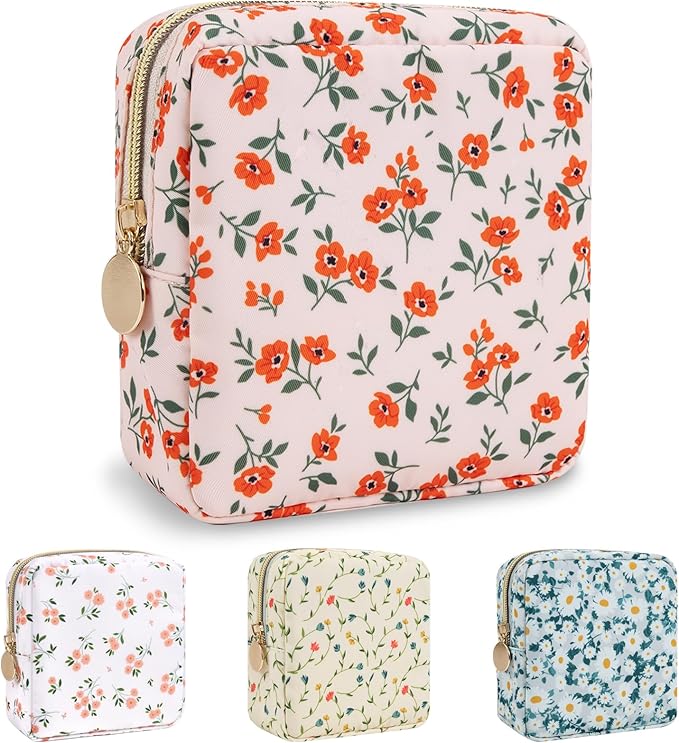 Nylon Mini Floral Makeup Bag for Purse, Small Cute Pink Makeup Bag Preppy Flower Cosmetic Zipper Pouch, Waterproof Travel Coin Pouch Sanitary Napkin Storage Bag Makeup Organizer for Women(Pink-Floral)