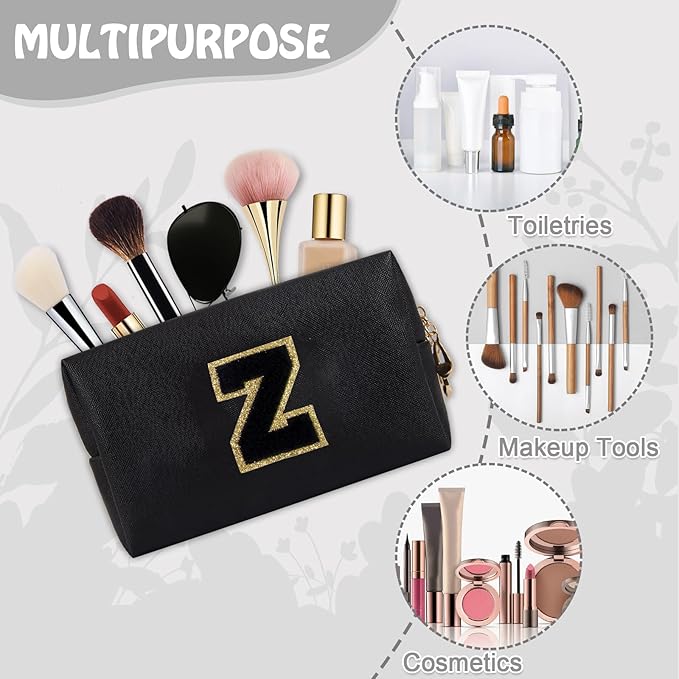 Small Initial Preppy Makeup Bag Cosmetic Case, Personalized Cute Black Chenille Letter Travel Toiletry Zipper Pouch, Waterproof PU Leather Make Up Organizer Gifts for Women Girl Female Mom(Letter Z)