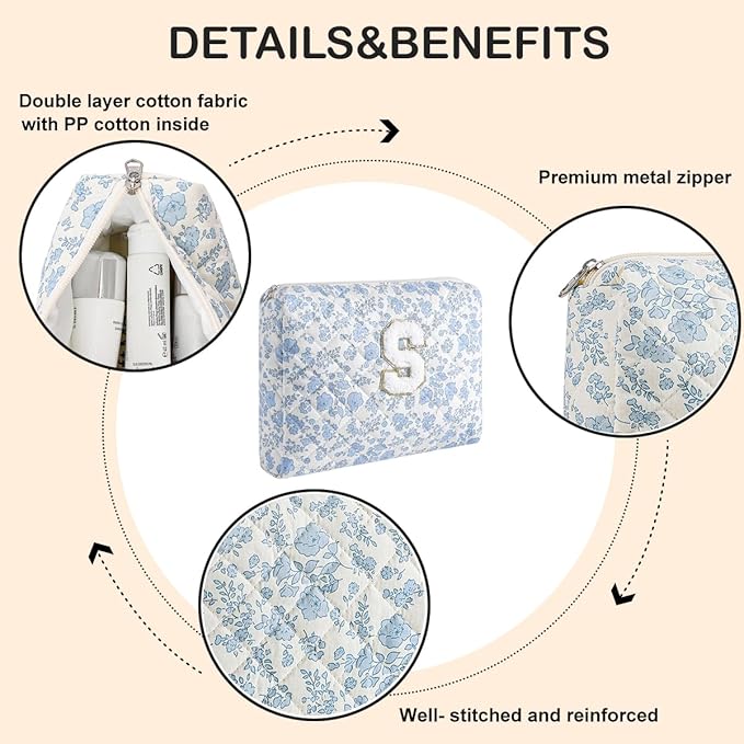 Alphabet Makeup Bag Cosmetic Bag for Women, Christmas Gifts for Age 11-18, Personalized Floral Coquette Travel Bag, Trendy Stuff Zipper Make Up Pouch Organizer Bag (Blue Floral S)