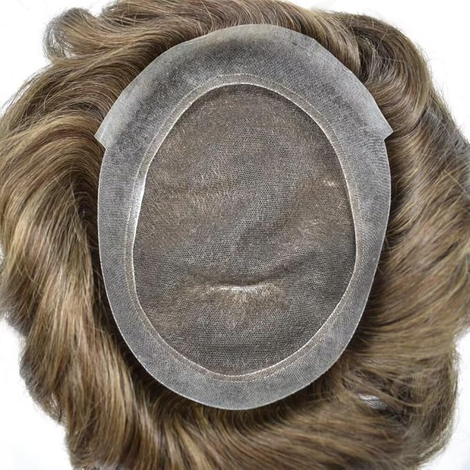 FACE MIRACLE Mens Toupee Lace Front Hairpieces Soft Human Hair Replacement System Natural Hairline Toupee for Men French Lace Poly V-Looped Mens hair Units 6"X9" 5#MEDIUM LIGHT BROWN