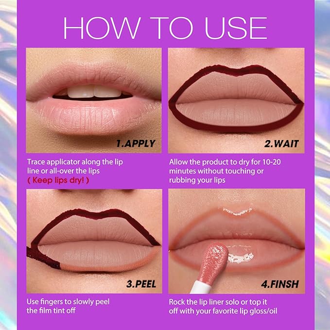 LANGMANNI 4Pcs Peel Off Lip Liner Set,Lip Stain Peel Off,Long-Lasting Waterproof & Smudge-Proof Matte Lip Liners With Ergonomic Handle & Precision Brush,Makeup Gift for Girls (#1+2+3+4)
