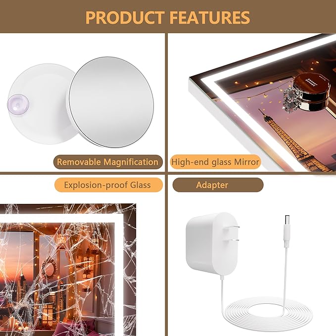 Hasipu Vanity Mirror with Lights, 47" x 30" LED Makeup Mirror, Lighted Makeup Mirror with Dimmable 3 Modes, Touch Screen Control Vanity Mirror Square White