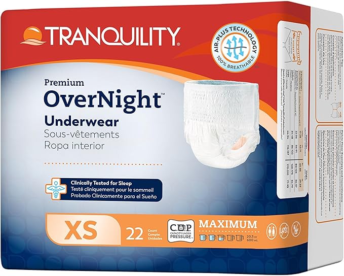 Tranquility Premium OverNight Disposable Absorbent Underwear (88 Count) - XS, 17-28 in. Waist - Maximum Absorbency, All-Night Sleep, Breathable Comfort, 88 Adult Diapers