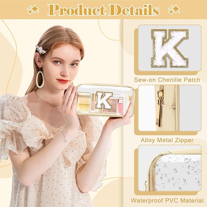 Personalized Initial Letter Clear Makeup Bag,Preppy Small Nylon&PVC Cosmetic Zipper Bag with Chenille Letter,Portable Beach Travel Skincare Toiletry Bag,Trendy Monogram Gift for Teen Girls Women,K