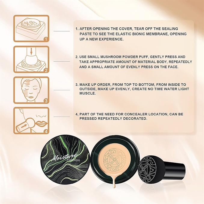 Mushroom Head Air Cushion CC Cream - BB Cream Face Makeup Foundation for Mature Skin Moisturizing Concealer Brighten Long-Lasting, Even Skin Tone for All Skin Types (Buff Beige)