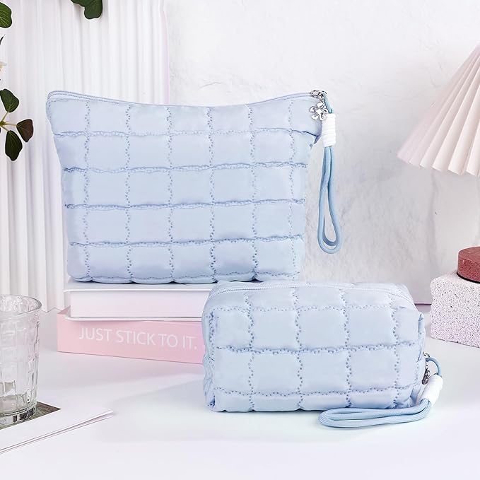 Richeart Makeup Bag Travel Toiletry Bag - Checkered Down Cotton Makeup Pouch for Women with Cosmetic and Pencil, Aesthetic Light blue Design, 2 Pieces