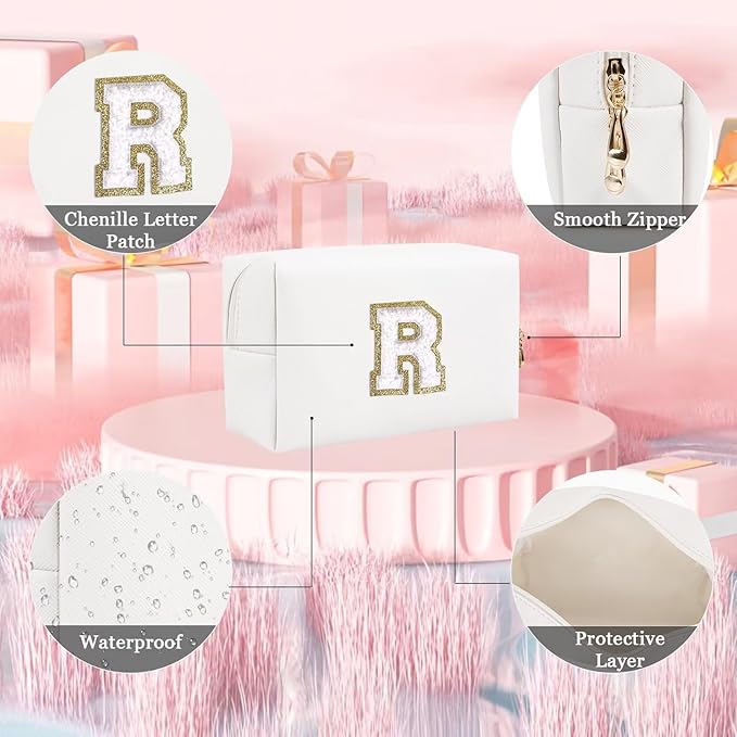 Small Personalized Letter Makeup Bag, White, PU Leather, Waterproof, Zipper, Women's Cosmetic Case
