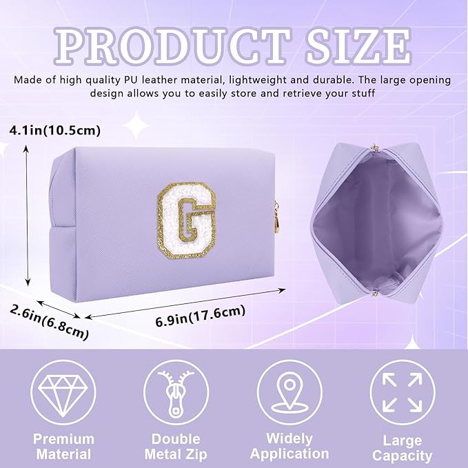 Iqimott Personalized Initial Letter Patch Makeup Bag, Preppy Small Chenille Letter Cosmetic Bag with Zipper, PU Leather Waterproof Travel Toiletry Bag Monogram Make Up Pouch for Women Girls(Letter G)