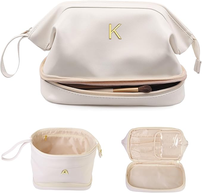Women Birthday Gifts, Initial Large Makeup Bag, College Essentials for Girls Cosmetic Bag with Makeup Brush Organizer, Birthday Gift for Women/Girl Bridesmaids Gift Cute Stuff for Girls