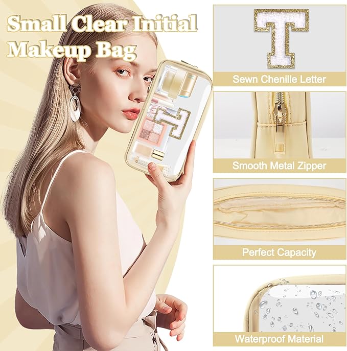 Small Clear Personalized Initial Makeup Bag, Preppy Nylon A-Z Chenille Letter Patch Makeup Organizer TSA Approved Travel Toiletry Bag,Waterproof Zip Beach Cosmetic Pouch Purse for Women(Beige-White T)