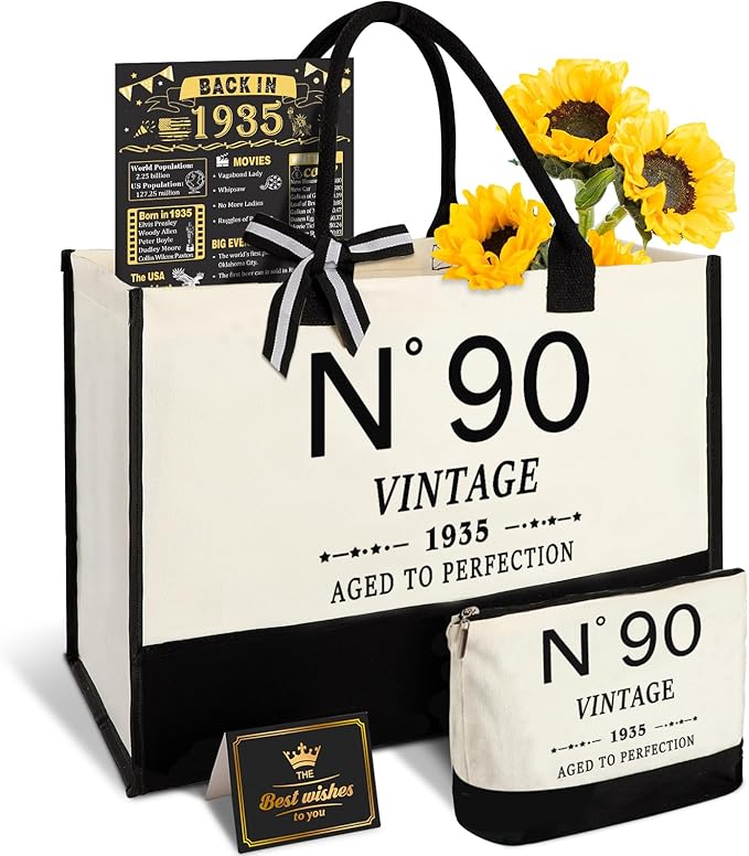 90th Birthday Gifts for Women Canvas Tote Bag Travel Gear, Unique 90 Years Old Gifts for Wife Sister Mom Aunt Friends Her, Vintage N°90 Handbag & Cosmetic Bag & Back in 1935 Poster