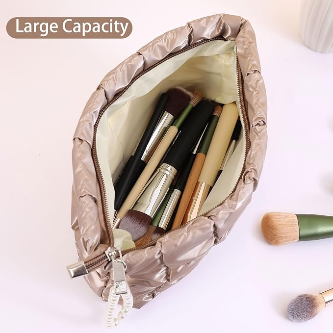 Puffer Quilted Makeup Bag Travel Cosmetic Bag Portable Puffy Checkered Toiletry Pouch Skincare Organizer Purse Pencil Case (Champagne Gold)
