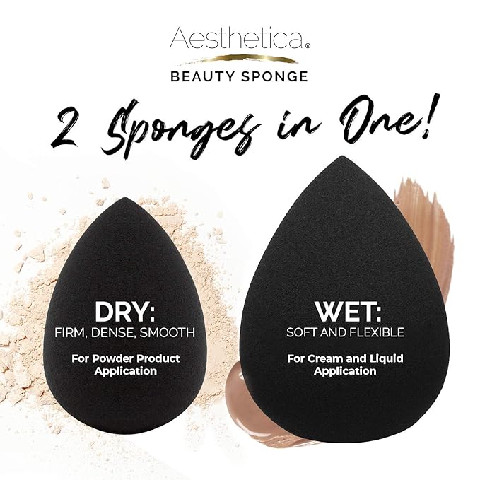 Aesthetica Cosmetics Beauty Sponge Blender - Latex Free and Vegan Makeup Sponge Blender - For Powder, Cream or Liquid Application (2 PACK)