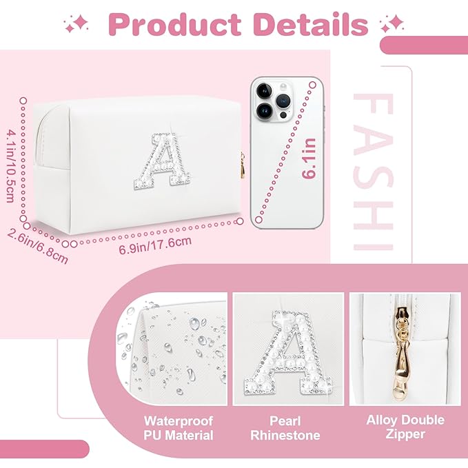 Bride Gifts – Personalized Initial Makeup Bag with Pearl Rhinestone Patch, Preppy White Monogram Cosmetic/Toiletry Pouch, bridesmaid Gifts, Bridal Shower Gifts, Wedding Gifts, Bridal Gifts,A