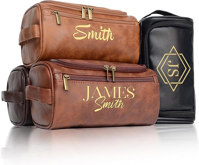 Personalized Toiletry Bag for Men, Engraved Name Initials Toiletry Bag, Customized Monogram Travel Shaving Dopp Kit for Groomsmen, Gift for Christmas, Birthday, Dad, Husband, Grandpa (Brown)