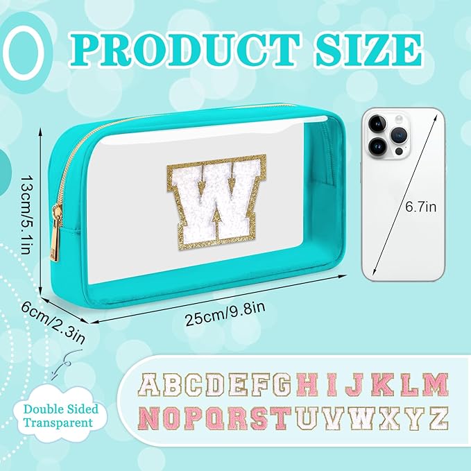 Small Clear Personalized Initial Makeup Bag, Preppy A-Z Chenille Letter Patch Cosmetic Bag, Cute Transparent Nylon Waterproof Zipper Beach Varsity Letter Pouch, Gift for Women Girls(Cyan-White W)