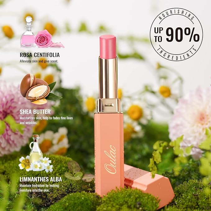 Oulac Moisture Peach Nude Lipstick - 2 in 1 Shimmer Lipstick & Lip Balm, Shimmer Soild Lip Gloss, Lightweight Smooth, Natural Look Best for Dry, Cracked and Chapped Lips, Vegan 2.2g/0.07oz (S05)