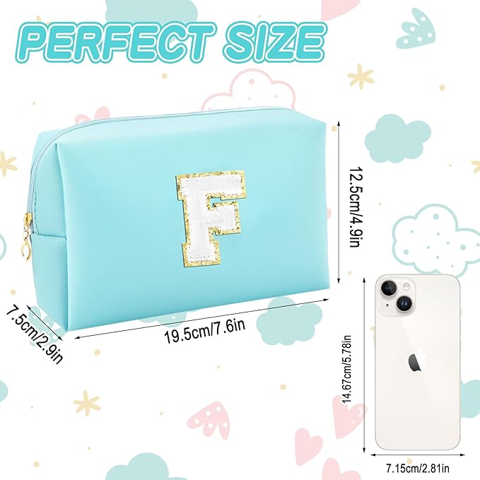 Gifts for Girls Initial Makeup Bag Personalized Cosmetic Bag with Zipper Cute Travel Toiletry Bag Waterproof PU Preppy Makeup Pouch Birthday Gift for Teen Girls Women(Blue F)