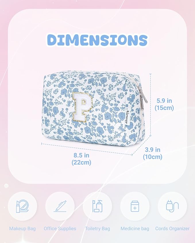 Narwey Birthday Gifts for Teen Girls Kids Women Personalized Initial Floral Makeup Bag Cute Cosmetic Trendy Stuff 6 8 10 11 12 13 14 16 18 Years Old Travel Toiletry Bag (Little Blue Flower P)