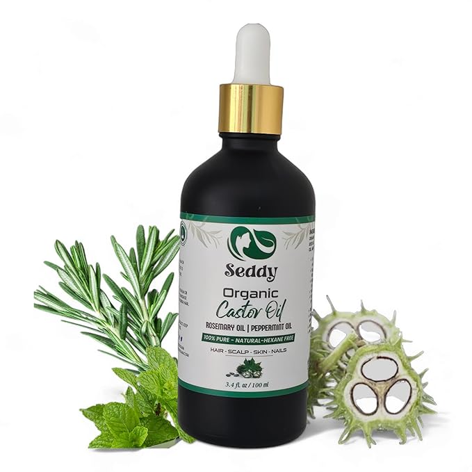Seddy Organic Castor Oil with Rosemary & Peppermint in Dark Glass Bottle - Cold Pressed | Hexane-Free | Scalp, Hair, Eyelashes, Eyebrows, Skin, & Nails | Hair Treatment Oil - 3.4 Fl. Oz