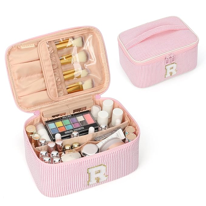 OCHEAL Makeup Bag for Women, Monogram Cosmetic Bag with Brush Holder, Pink Travel Makeup Case Beauty Toiletry Bag Organizer Personalized Gifts for Girls Bridesmaid, Sister, Wife, Friends Initial R