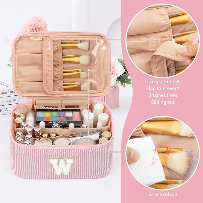 OCHEAL Makeup Bag for Women, Monogram Cosmetic Bag with Brush Holder, Pink Travel Makeup Case Beauty Toiletry Bag Organizer Personalized Gifts for Girls Bridesmaid, Sister, Wife, Friends Initial W