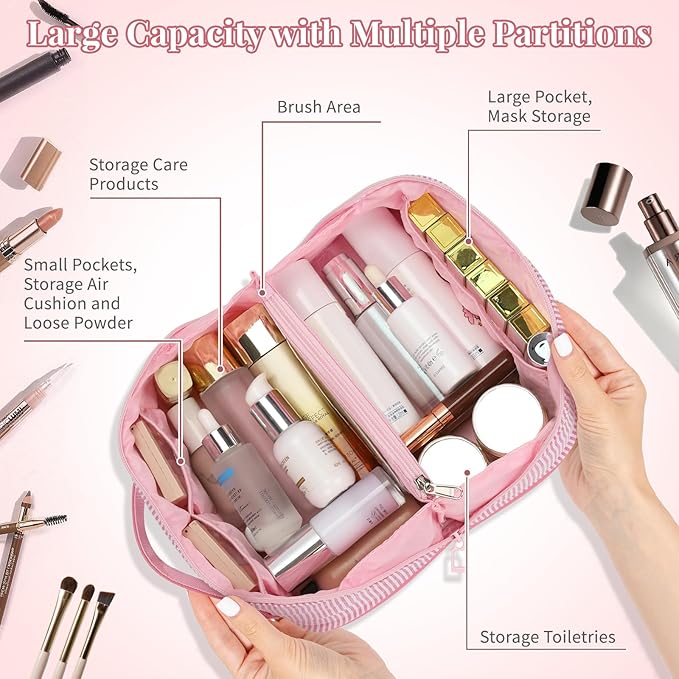 Travel Makeup Bag for Women, 2Pcs Portable Personalized Initial Makeup Organizer Bag, Open Flat Large Cosmetic Bag With Travel Essential Pouch (Pink Letter Z)