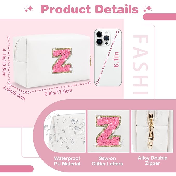 Small Personalized Initial A-Z Patch Makeup Bag,White Cute PU Leather Glitter Letter Cosmetic Bag for Teen Girls,Travel Toiletry Bag with Zipper,Preppy Monogrammed Birthday Gift for Daughter Niece Z