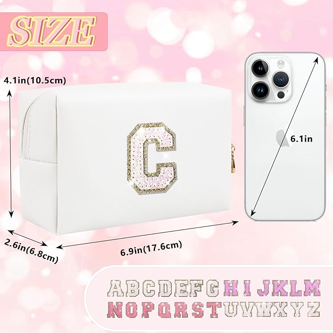 Personalized Initial Letter Patch Makeup Bag, Preppy Portable Chenille Letter Cosmetic Bag with Zipper, PU Leather Waterproof Travel Toiletry Bag