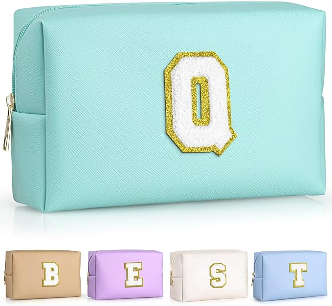 TOPEAST Initial Makeup Bag for Travel, Chenille Letter Pouch Cosmetic Bag, PU Leather Waterproof Toiletry Bag, Personalized Gifts for Bride Bridesmaids, Cute Things for Girls (Blue Q)