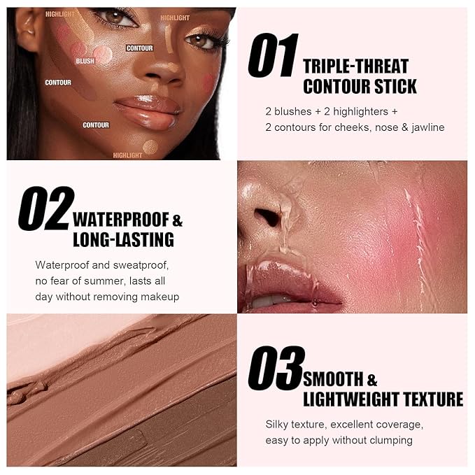 6 Colors Cream Contour Stick Makeup Kit, Shades with Blush, Highlighter and Bronzer, Double Ended Contour Stick for Cheeks, Waterproof and Long Lasting, Matte and Dewy Finish (Set A)