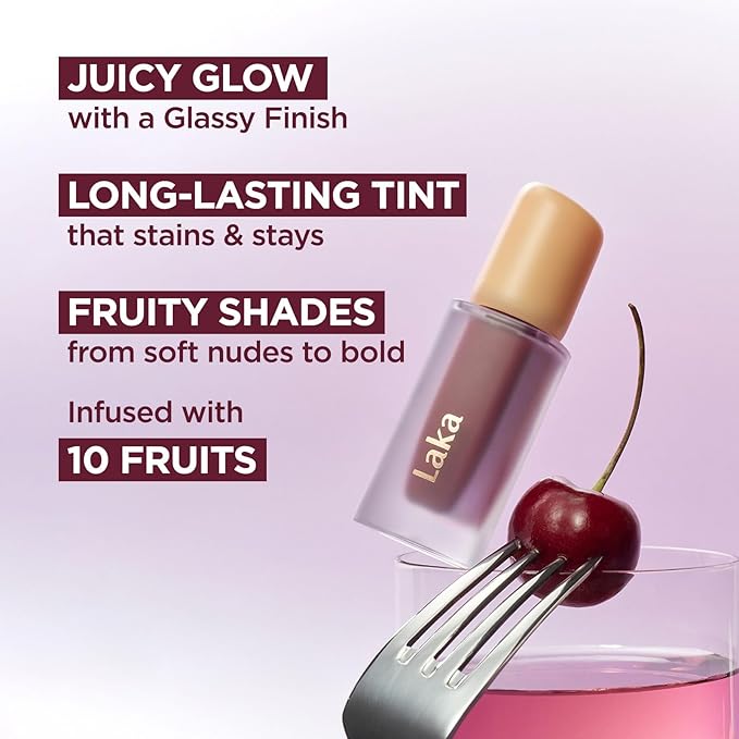 Laka Fruity Glam Tint, Glowing Lip Stain with Wide Color Spectrum, Hydrating & Lightweight Texture, Long-Lasting Bold Stain, Non-Sticky, Vegan, K-Beauty (#121 Ash Nut, 4.5g/0.15oz)