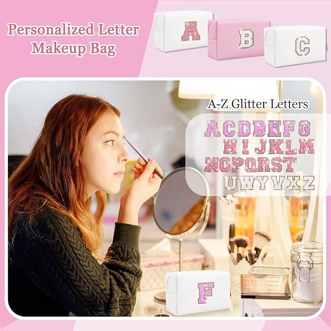 Glitter Initial Letter Makeup Bag, Small Personalized Sequins Letters PU Leather Cosmetic Bag Portable Waterproof Makeup Zipper Pouch, Shine Handbag Organizer Travel Bag Gifts for Women&Girls(White-F)