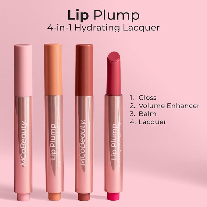 MCoBeauty - Lip Plump 4-in-1 Hydrating Lacquer - Multi-Benefit Lip Color with Shea Butter, Hyaluronic Acid and Click-Pen Format - Emily, Nude Pink Shade - 2.5ml