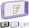Personalized Initial Letter Clear Makeup Bag,Preppy Small Nylon&PVC Cosmetic Zipper Bag with Chenille Letter,Travel Skincare Toiletry Bag,Monogram Christmas Gift for Teen Girls Women,F