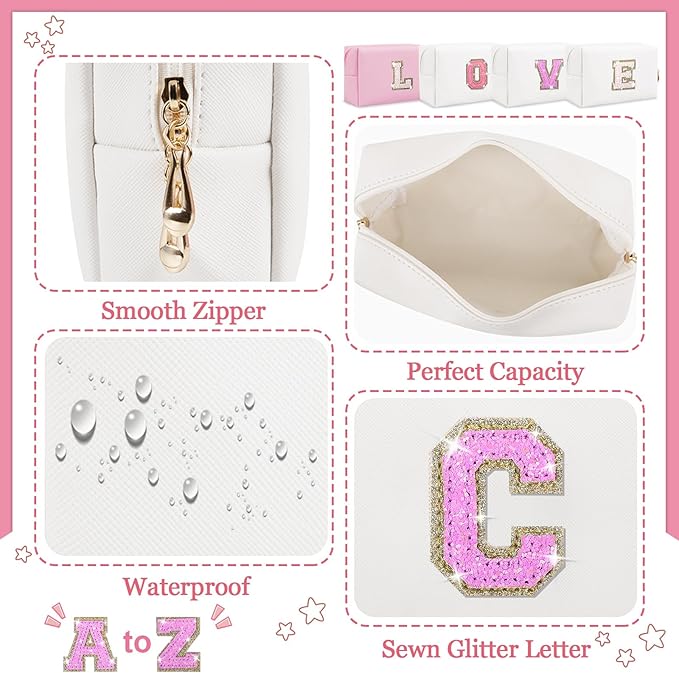Personalized Initial Letter Makeup Bag, Preppy Glitter Letter Patch Cosmetic Pouch Zipper,PU Waterproof Travel Toiletry Bag Cute Makeup Organizer Monogrammed Make Up Bag,Gift for Women Girls