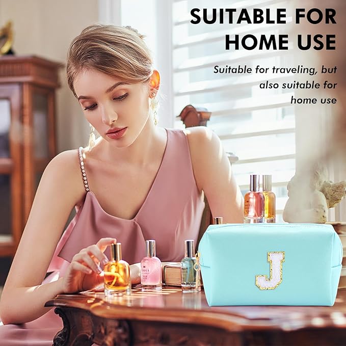 Gifts for Girls Initial Makeup Bag Personalized Cosmetic Bag with Zipper Cute Travel Toiletry Bag Waterproof PU Preppy Makeup Pouch Birthday Gift for Teen Girls Women(Blue J)