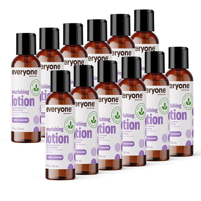 Everyone 2-in-1 Lotion for Hands/Body, Travel Size, 2 ounce (Pack of 12) Vanilla and Lavender made with Essential Oils for Men and Women